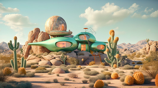 沙漠中的绿色沙漠中的仙人掌与3D酒店模型插画