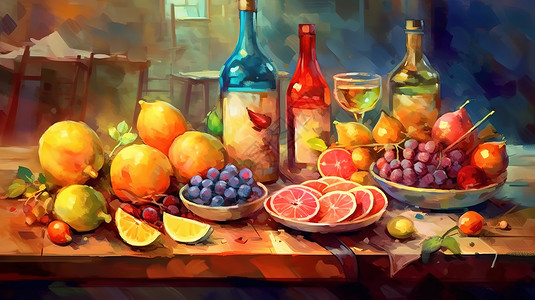 食物油画彩色食物和酒水插图插画