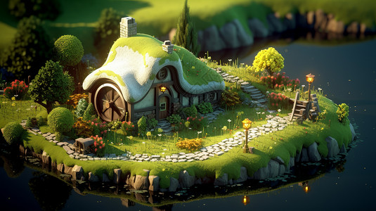 在河边一座梦幻的小岛上小屋房顶长满绿草背景图片