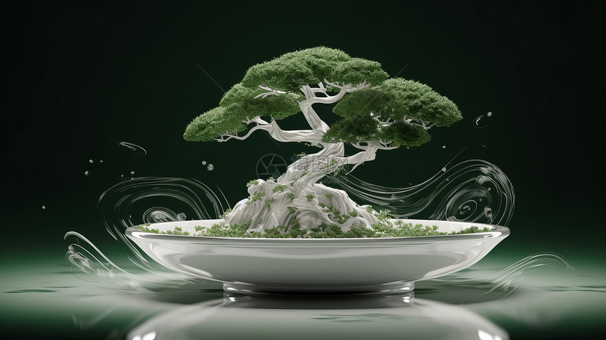在白色瓷花盆中的梦幻的古风松树图片