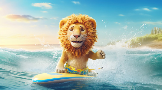 可爱的狮子冲浪卡通插图背景图片