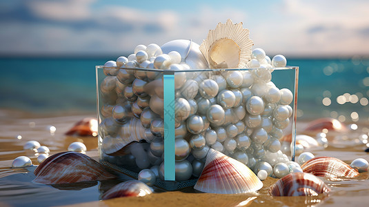 海滩珍珠在沙滩上装满珍珠和贝壳的方形透明玻璃缸插画
