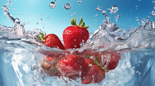 草莓落入水中溅起大的水花插画