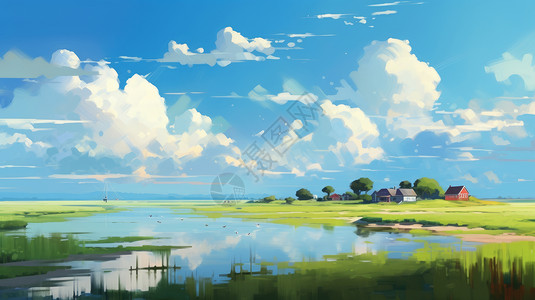沼泽草地美丽的卡通湖边村庄在蓝天白云下插画