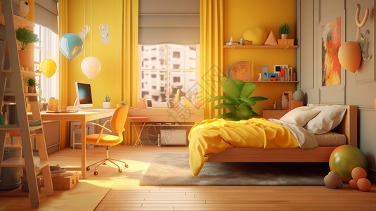 温馨的黄色主题卡通卧室背景图片