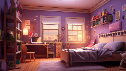 温馨的紫色主题大床卡通卧室背景图片