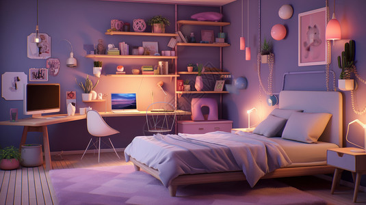 卡通卧室在紫色地垫上一张温馨的大床背景图片