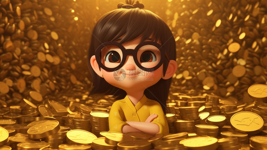 戴黑框眼镜自信微笑的卡通女孩在金币堆中图片