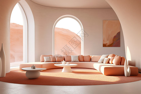 室内空间素材明亮简约室内空间橙色巨大的窗户插画