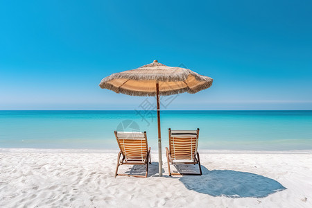 海边躺椅太阳伞美丽的海滩躺椅太阳伞海边度假插画