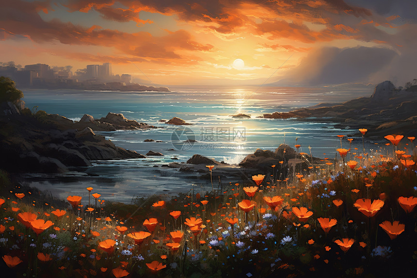 海边日落橙色花朵油画图片