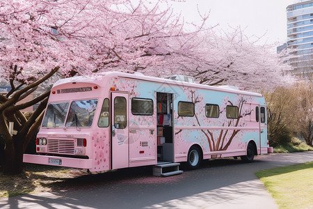 樱花树下粉色的大巴巴士图片