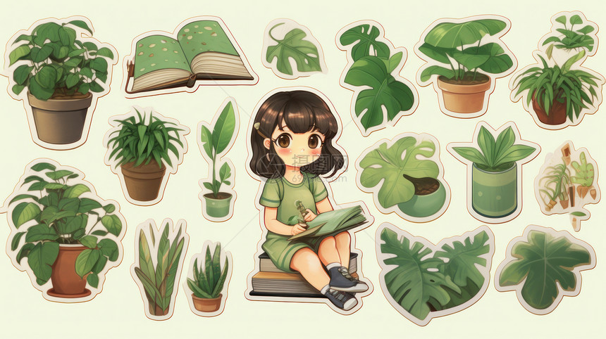 各种植物与坐在书本上可爱卡通女孩贴纸图片