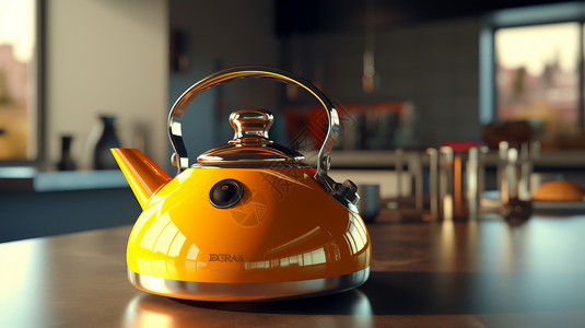 金属茶具放在桌子上黄色反光的金属质感烧水壶插画