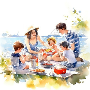 一家人户外野餐喜悦温馨的家庭聚会水彩画高清图片素材