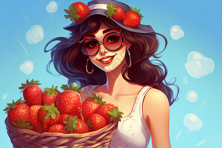 快乐可爱的美女捧着一篮草莓背景图片