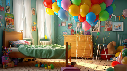 六一儿童节布置的儿童房间彩色气球背景图片