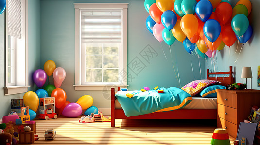 六一节日快乐六一儿童节布置的儿童房间彩色气球插画