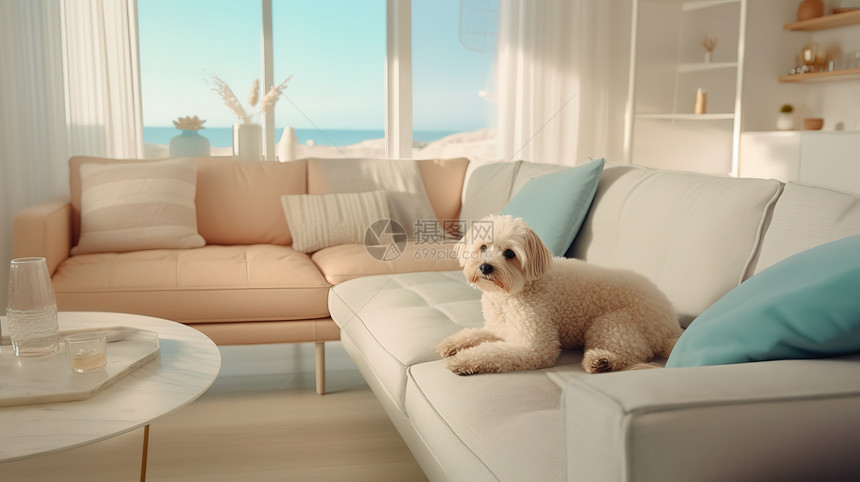 温馨舒适家居客厅的一只小狗图片