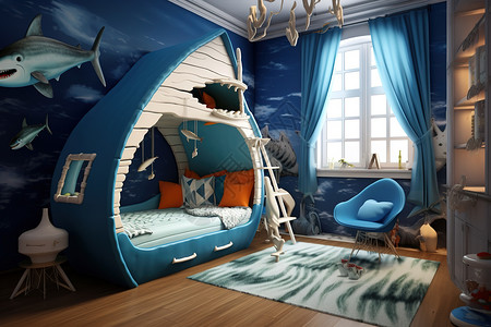 3d鲨鱼素材蓝鲨鱼主题儿童房间可爱风格3D插画