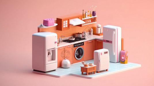 电器厨房3D现代厨房设计模型插画