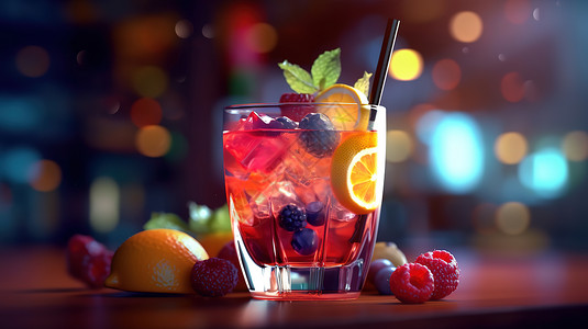 混合鸡尾酒加入冰块和水果的鸡尾酒饮料插画