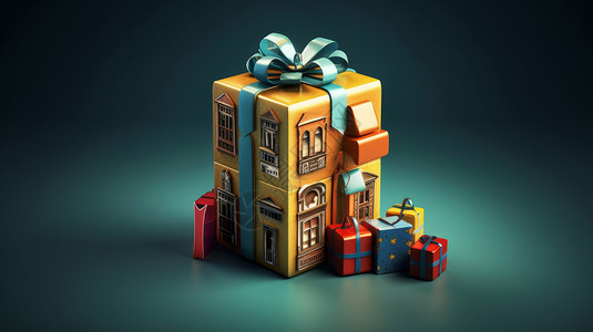 创意房子立体卡通礼物盒背景图片