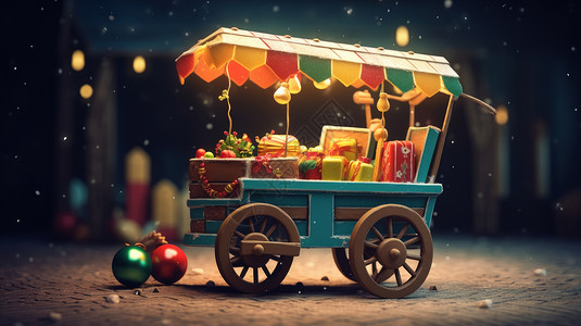 圣诞装饰物品装满礼物的复古卡通立体马车粘土风插画
