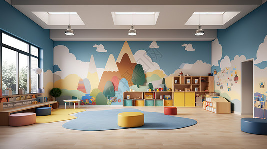 幼儿园壁画幼儿园明亮的课室玩具室插画