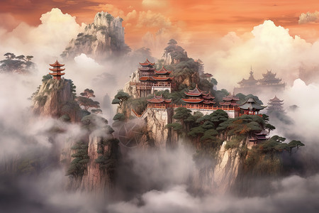 中国风水墨画泰山雾飘渺背景图片