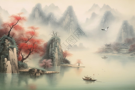 中国传统山水画蜿蜒河流薄雾笼罩图片