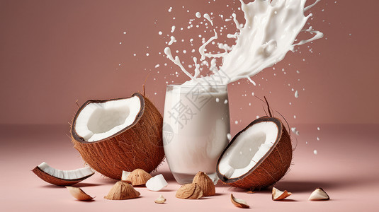 一杯新鲜的椰奶与打开的半个椰子高清图片