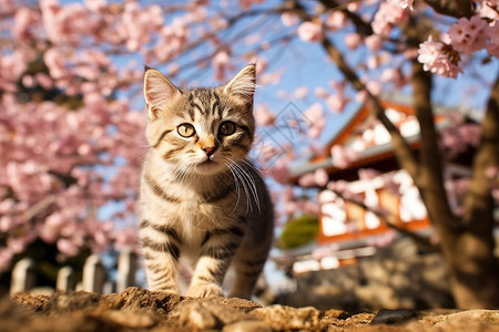 开花小猫樱花下可爱的小猫插画