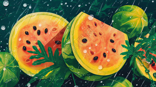 鲜香西瓜在雨中的卡通西瓜插画