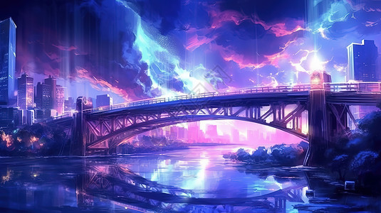 夜景河紫色灯光的夜间桥梁插画