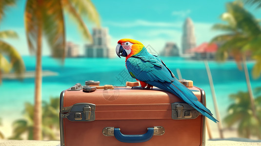 行李箱上的多彩鹦鹉图片