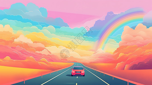 彩虹下山路上可爱的汽车背景图片