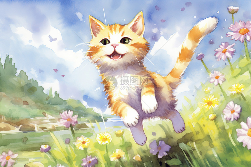 可爱的小猫咪跳跃扑蝴蝶油画图片