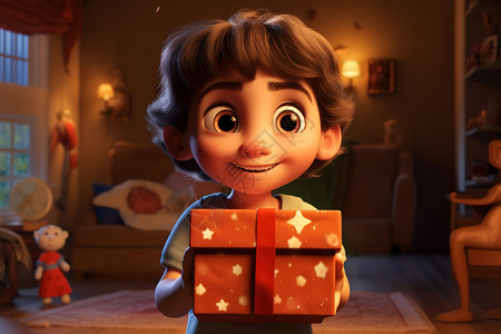 儿童房间里小男孩开心的抱着精致的礼物背景图片