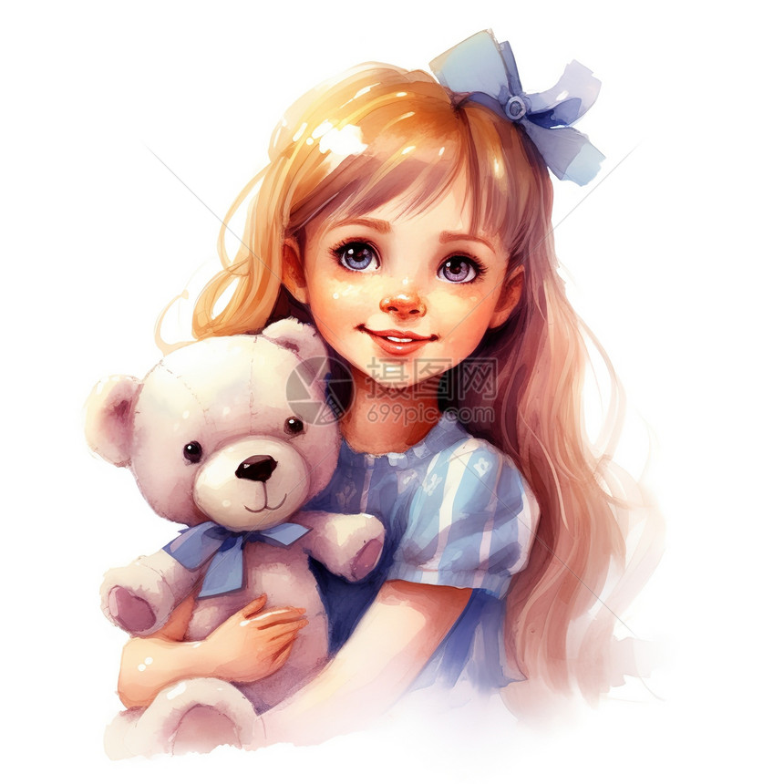 可爱小女孩抱着毛绒玩具小熊白底图图片