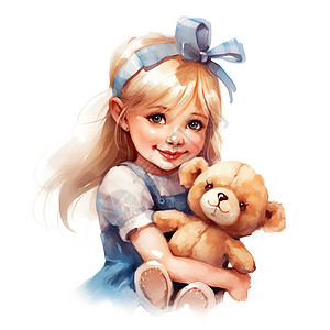 可爱小女孩抱着毛绒玩具小熊白底图背景图片