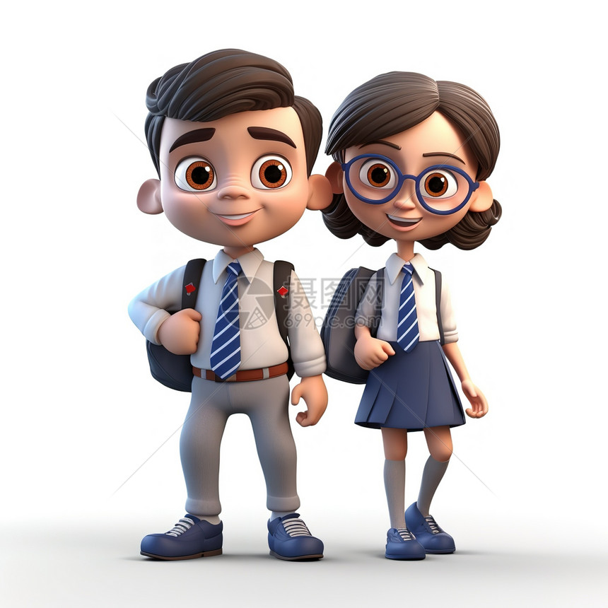 穿着校服上学的快乐小男孩和小女孩3D图片