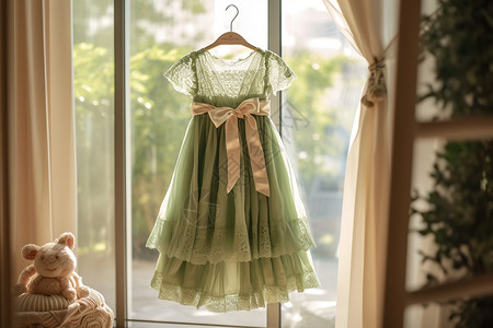 嫩绿色儿童六一小礼服裙背景图片