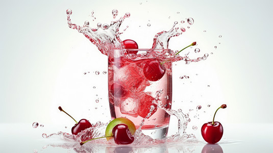 透明玻璃杯子中的樱桃果汁飞溅出来高清图片