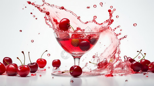 很多樱桃装满樱桃果汁的透明玻璃杯飞溅出很多新鲜果汁插画
