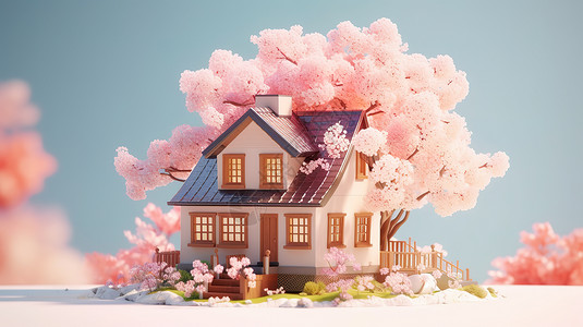 3d树林可爱的房子和樱花模型插画