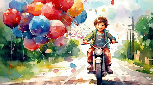 骑着摩托车的男孩和气球水彩画背景图片