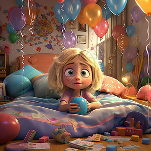 气球装饰的房间金发小女孩躺在床上插画