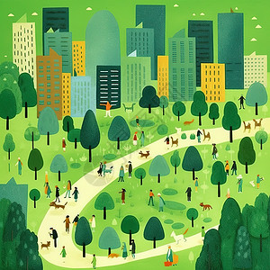 卡通城市道路卡通几何绿色步行城市道路公园插画