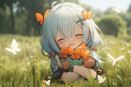 草丛里抱着花很开心快乐女孩背景图片